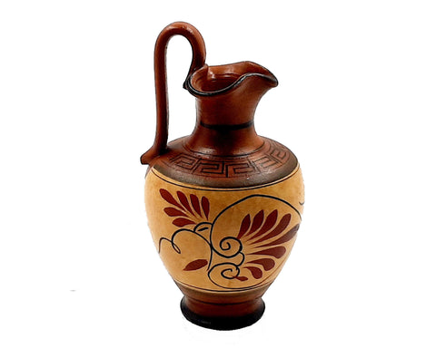 Ancient Greek Oinochoe 16cm, with Brown shades, shows God Dionysus - ifigeneiaceramics