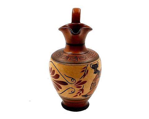 Ancient Greek Oinochoe 16cm, with Brown shades, shows God Dionysus - ifigeneiaceramics