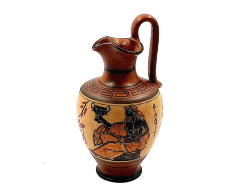 Ancient Greek Oinochoe 16cm, with Brown shades, shows God Dionysus - ifigeneiaceramics