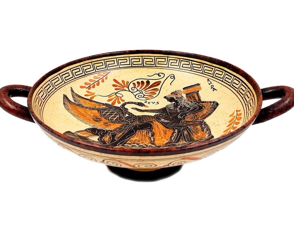 Ancient Greek Pottery, Kylix 26cm ,God Zeus as swan seduces Leda - ifigeneiaceramics