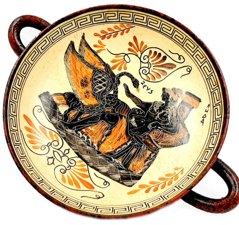Ancient Greek Pottery, Kylix 26cm ,God Zeus as swan seduces Leda - ifigeneiaceramics