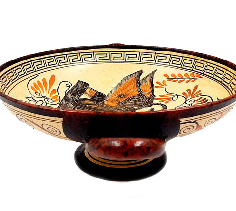 Ancient Greek Pottery, Kylix 26cm ,God Zeus as swan seduces Leda - ifigeneiaceramics