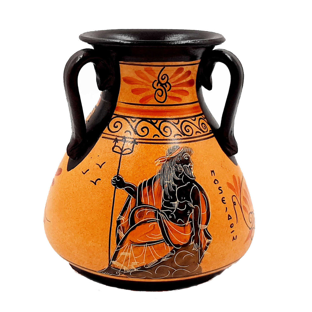 Ancient Greek vase , with 3 handles and Orange Background,shows God Poseidon and Goddess Athena - ifigeneiaceramics