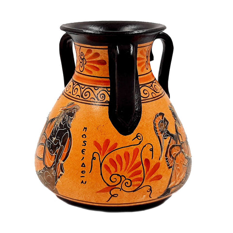 Ancient Greek vase , with 3 handles and Orange Background,shows God Poseidon and Goddess Athena - ifigeneiaceramics