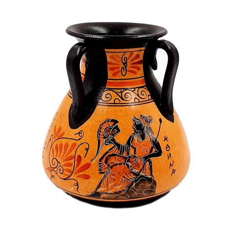 Ancient Greek vase , with 3 handles and Orange Background,shows God Poseidon and Goddess Athena - ifigeneiaceramics