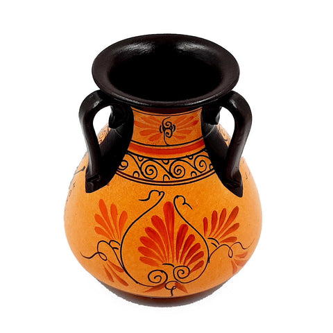 Ancient Greek vase , with 3 handles and Orange Background,shows God Poseidon and Goddess Athena - ifigeneiaceramics