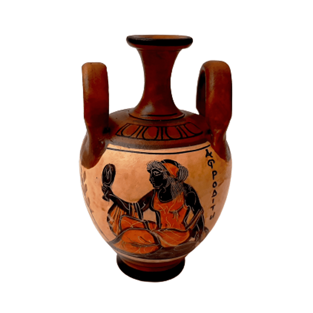 Ancient Greek Vase 13cm,Brown Shades Amphora ,Showing Goddess Aphrodite - ifigeneiaceramics