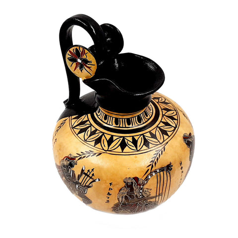 Ancient Greek Vase 20cm,Black figure Rhodian Oinochoe,Showing God Apollo with Erato - ifigeneiaceramics