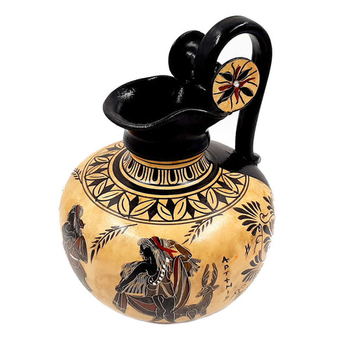 Ancient Greek Vase 20cm,Black figure Rhodian Oinochoe,Showing God Apollo with Erato - ifigeneiaceramics