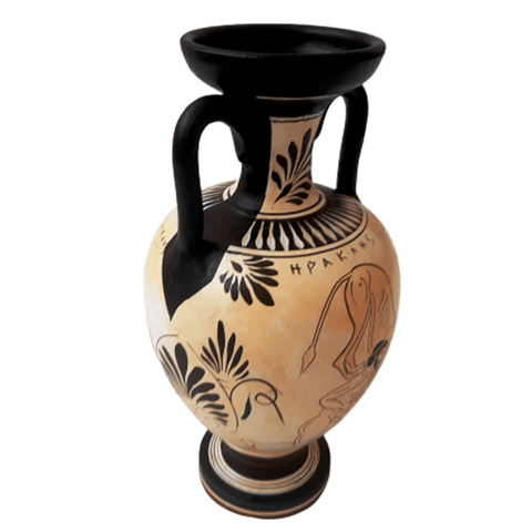 Attic White Ground Amphora 22cm,Shows Achilles,and Hercules fight Nemean Lion - ifigeneiaceramics