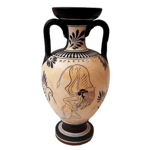 Attic White Ground Amphora 22cm,Shows Achilles,and Hercules fight Nemean Lion - ifigeneiaceramics