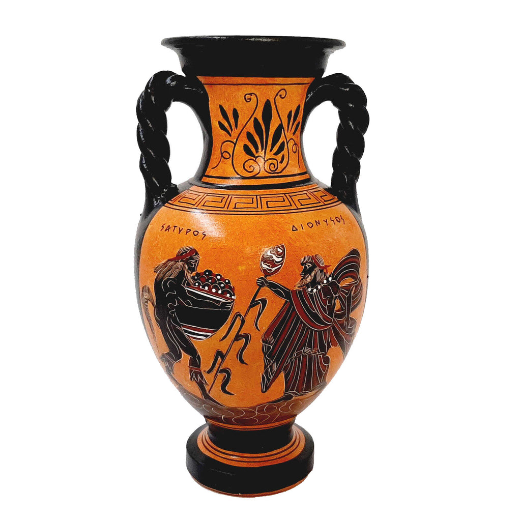Black Figure Amphora Vase 22cm ,God Dionysus with Satyr,Goddess Artemis - ifigeneiaceramics