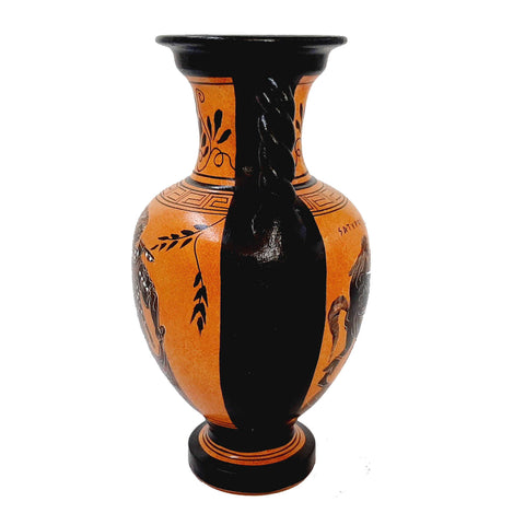 Black Figure Amphora Vase 22cm ,God Dionysus with Satyr,Goddess Artemis - ifigeneiaceramics