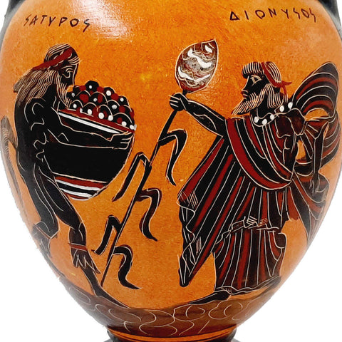 Black Figure Amphora Vase 22cm ,God Dionysus with Satyr,Goddess Artemis - ifigeneiaceramics