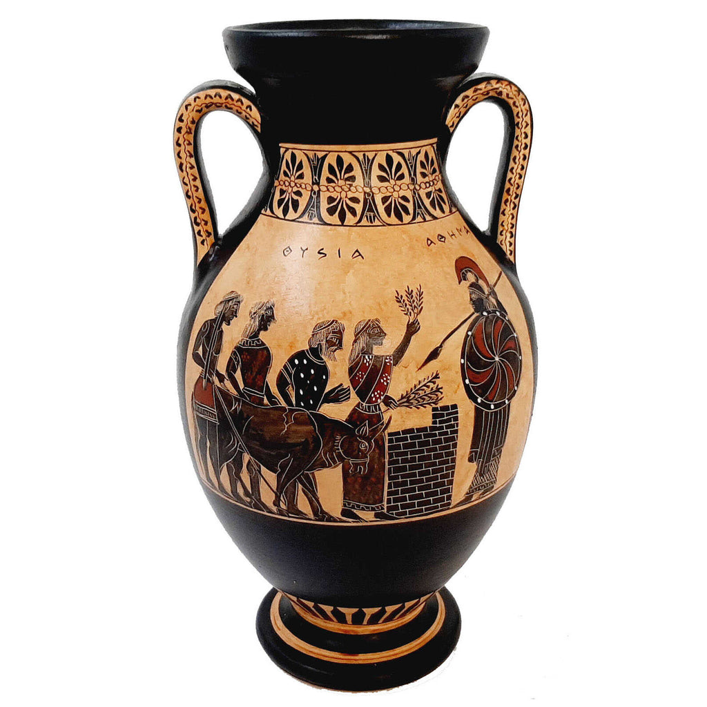 Black Figure Amphora Vase 26cm,Scence of Sacrifice for Goddess Athena - ifigeneiaceramics
