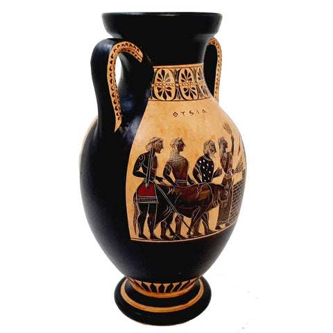 Black Figure Amphora Vase 26cm,Scence of Sacrifice for Goddess Athena - ifigeneiaceramics