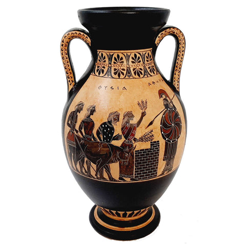 Black Figure Amphora Vase 26cm,Scence of Sacrifice for Goddess Athena - ifigeneiaceramics