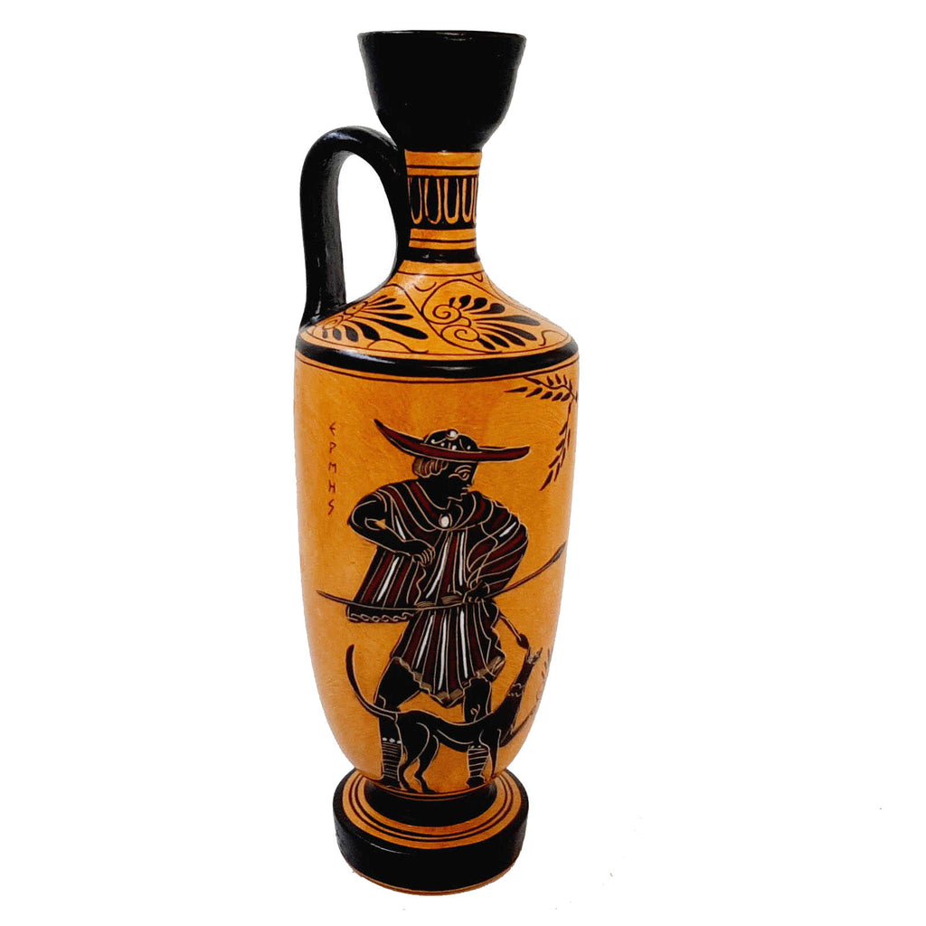 Black Figure Pottery Lekythos 26cm,God Hermes ,Goddess Athena - ifigeneiaceramics