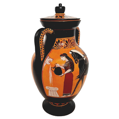 Black figure Pottery Amphora with lid 24cm, Iliad battle scene over Patroclus body - ifigeneiaceramics