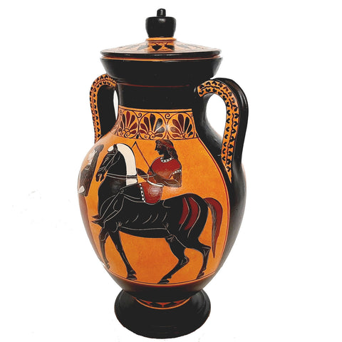 Black figure Pottery Amphora with lid 24cm, Iliad battle scene over Patroclus body - ifigeneiaceramics