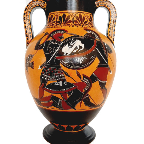 Black figure Pottery Amphora with lid 24cm, Iliad battle scene over Patroclus body - ifigeneiaceramics