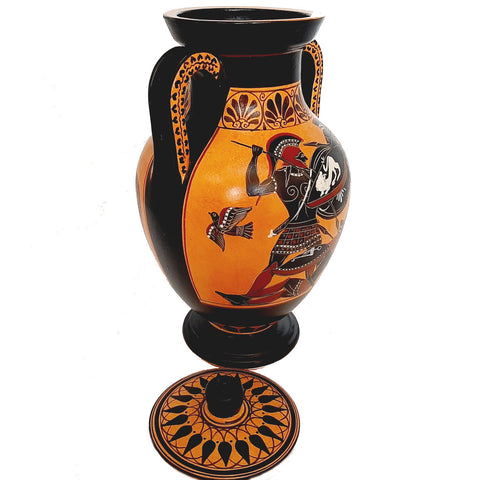 Black figure Pottery Amphora with lid 24cm, Iliad battle scene over Patroclus body - ifigeneiaceramics