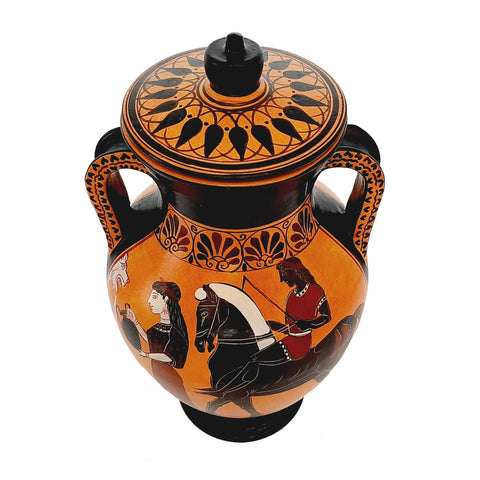 Black figure Pottery Amphora with lid 24cm, Iliad battle scene over Patroclus body - ifigeneiaceramics