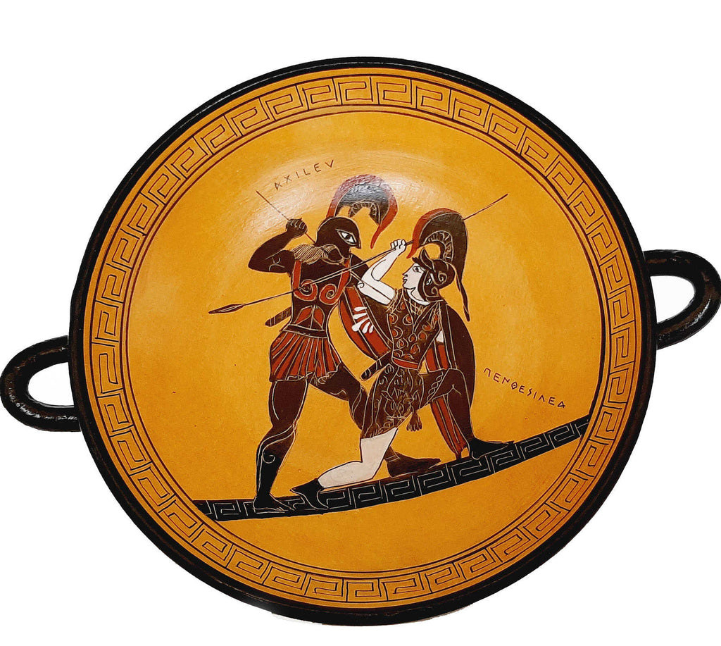 Greek Kylix 20cm,Black figure Pottery,Achilles killing Penthesilea - ifigeneiaceramics