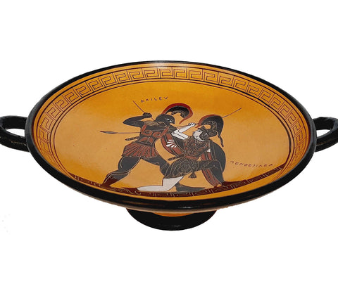 Greek Kylix 20cm,Black figure Pottery,Achilles killing Penthesilea - ifigeneiaceramics