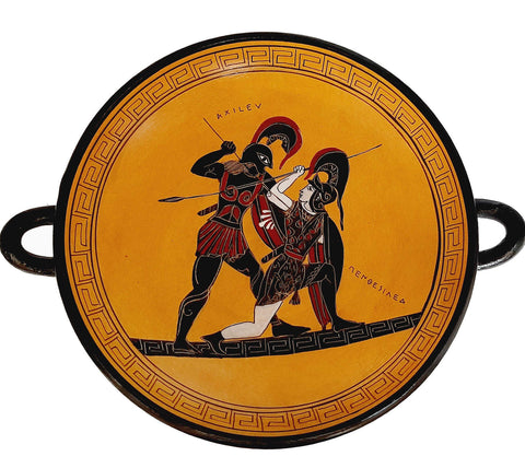 Greek Kylix 20cm,Black figure Pottery,Achilles killing Penthesilea - ifigeneiaceramics