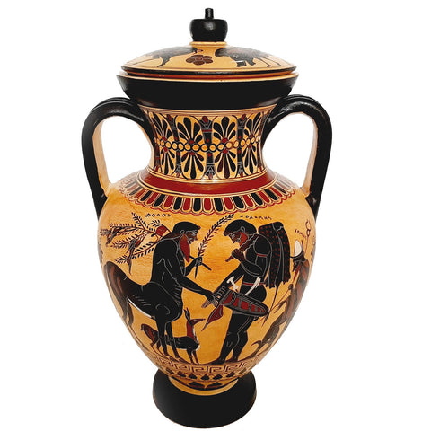 Black figure replicas Amphora with lid 29cm,Olive harvesting and Pholos receiving Heracles - ifigeneiaceramics