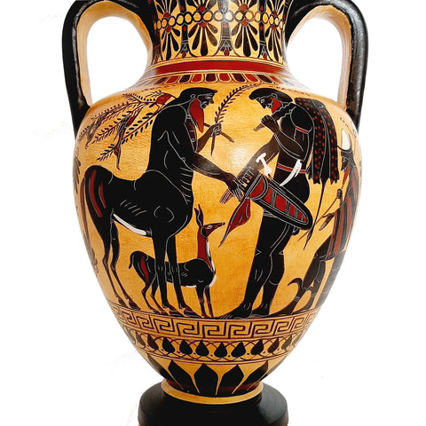 Black figure replicas Amphora with lid 29cm,Olive harvesting and Pholos receiving Heracles - ifigeneiaceramics