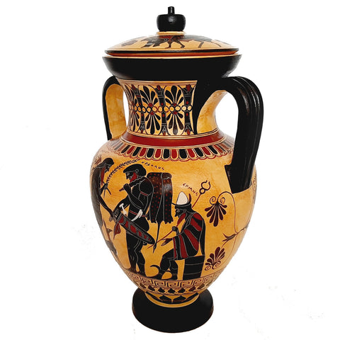 Black figure replicas Amphora with lid 29cm,Olive harvesting and Pholos receiving Heracles - ifigeneiaceramics