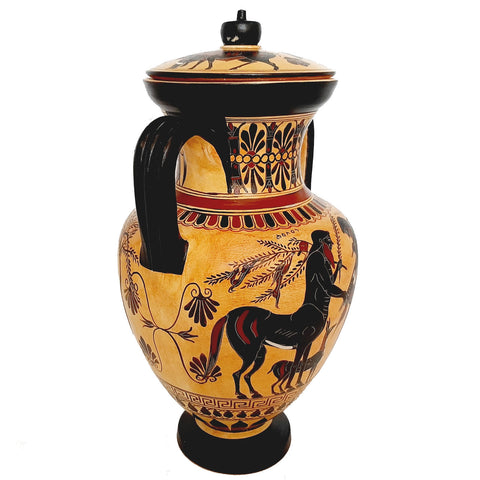 Black figure replicas Amphora with lid 29cm,Olive harvesting and Pholos receiving Heracles - ifigeneiaceramics