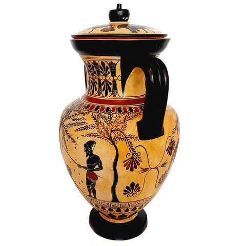 Black figure replicas Amphora with lid 29cm,Olive harvesting and Pholos receiving Heracles - ifigeneiaceramics