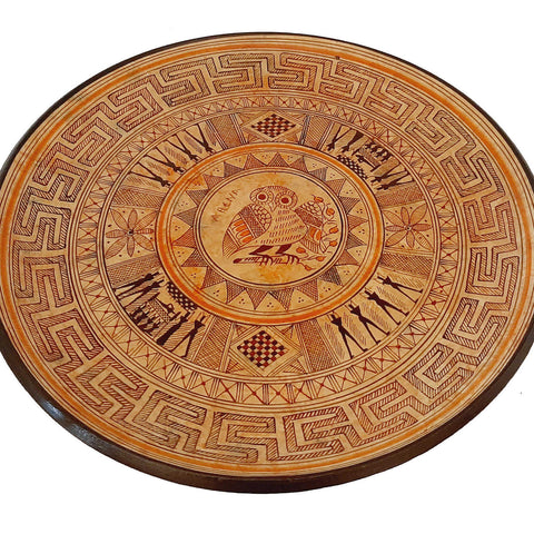 Ceramic Greek Plate 28cm, Geometric Pottery,Owl in the middle