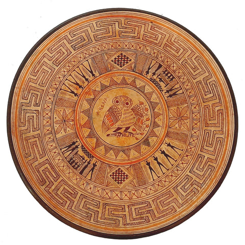 Ceramic Greek Plate 28cm, Geometric Pottery,Owl in the middle