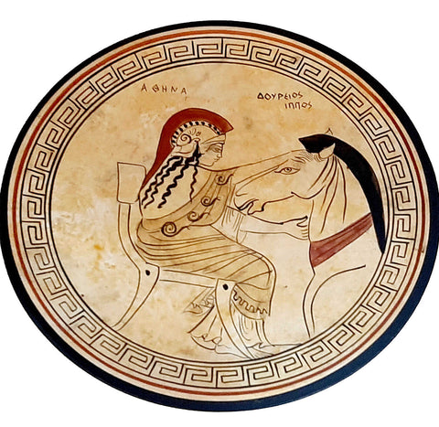 Goddess Athena constructing the Trojan Horse,Attic white plate 20cm