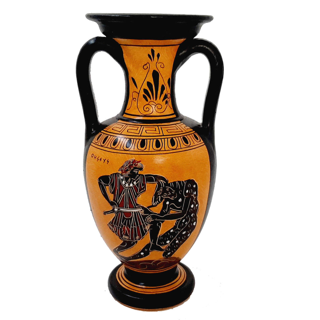 Greek Amphora Vase 22cm,Theseus and the minotaur,Black Figure Pottery - ifigeneiaceramics