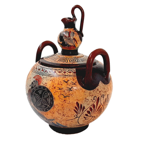 Greek Ceramic Canister 20cm with lid, Satyr with Manaeds - ifigeneiaceramics