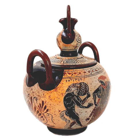 Greek Ceramic Canister 20cm with lid, Satyr with Manaeds - ifigeneiaceramics