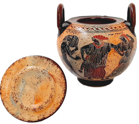 Greek Ceramic Canister 20cm with lid, Satyr with Manaeds - ifigeneiaceramics