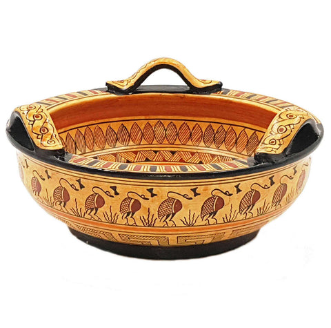 Greek Geometric Pottery basket 18cm Diameter,Owl in the middle - ifigeneiaceramics