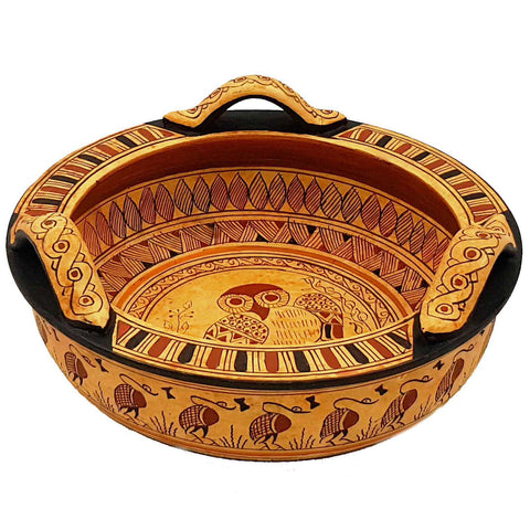 Greek Geometric Pottery basket 18cm Diameter,Owl in the middle - ifigeneiaceramics
