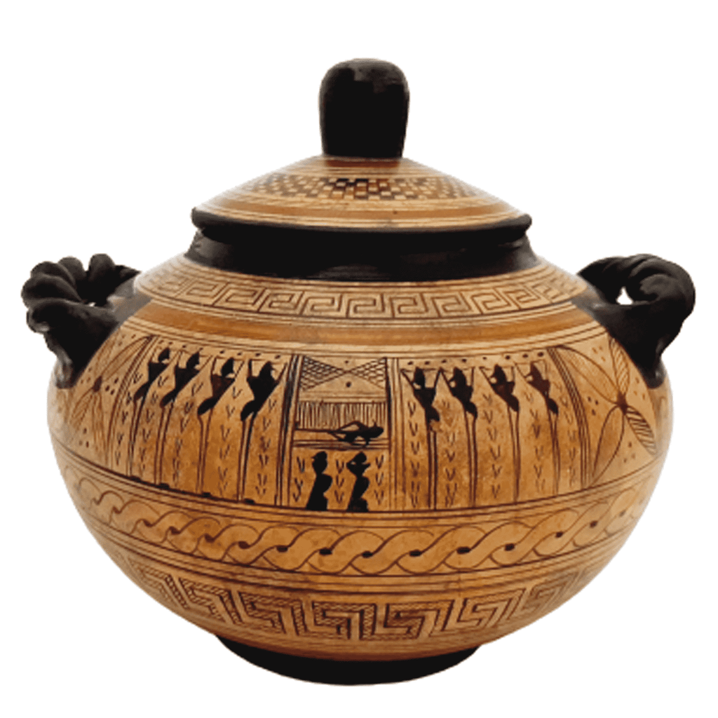 Greek Pyxis  19cm, Geometric Art Pottery - ifigeneiaceramics