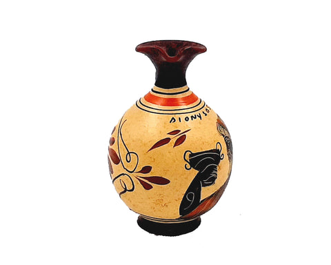 Greek Oinochoe 11,5cm,Yellow background,shows God Dionysus - ifigeneiaceramics