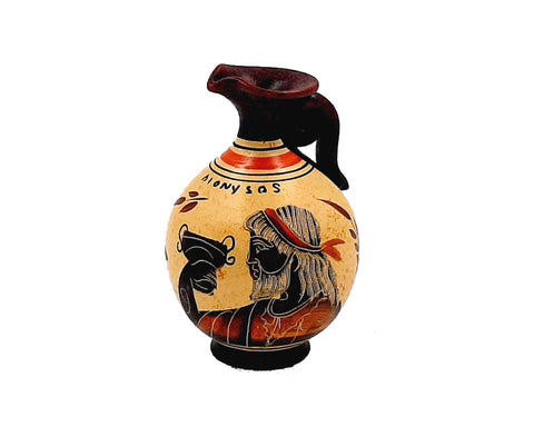 Greek Oinochoe 11,5cm,Yellow background,shows God Dionysus - ifigeneiaceramics