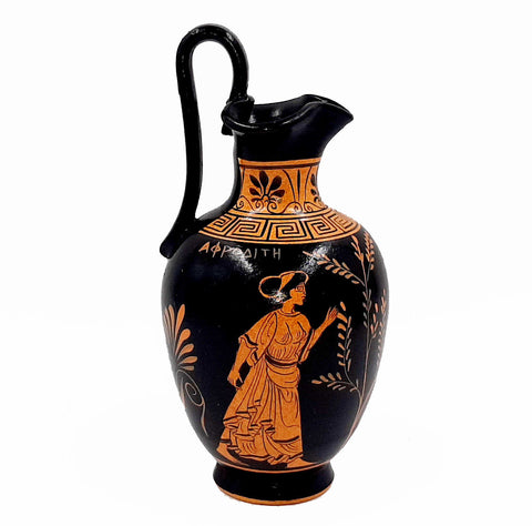 Greek Oinochoe Red figure Pottery 19cm, shows God Hephaestus with Thetis,Goddess Aphrodite - ifigeneiaceramics
