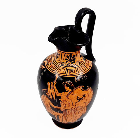 Greek Oinochoe Red figure Pottery 19cm, shows God Hephaestus with Thetis,Goddess Aphrodite - ifigeneiaceramics