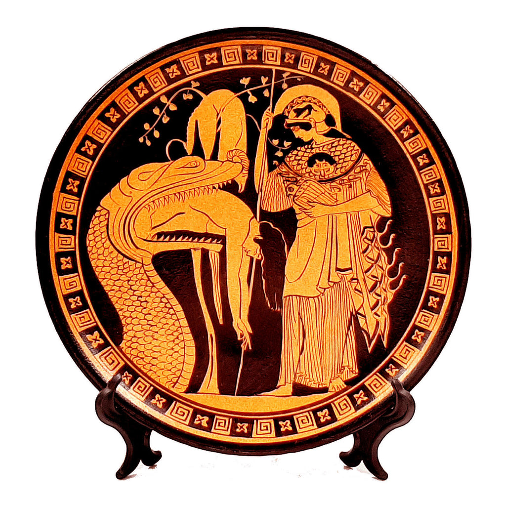 Greek Plate 24cm,Red Figure Pottery,shows Jason disgorged by the monster and Goddess Athena